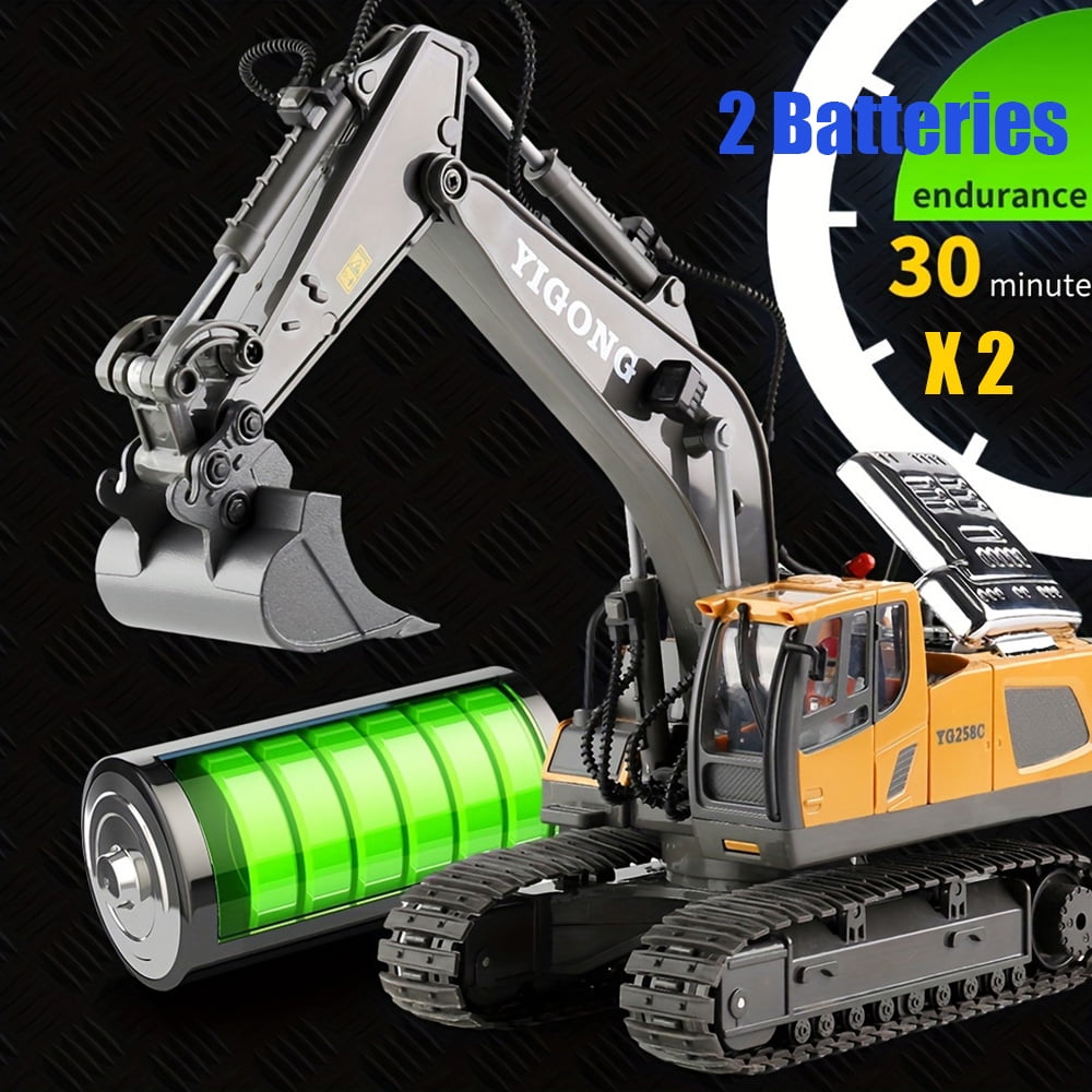 11 Channel Remote Control Excavator,1:20 RC Construction Vehicles Toys,2.4Ghz 680° Rotation Sand Digger Truck with Metal Shovel for Boys Kids Age 6+ Year Old, 2 Batteries