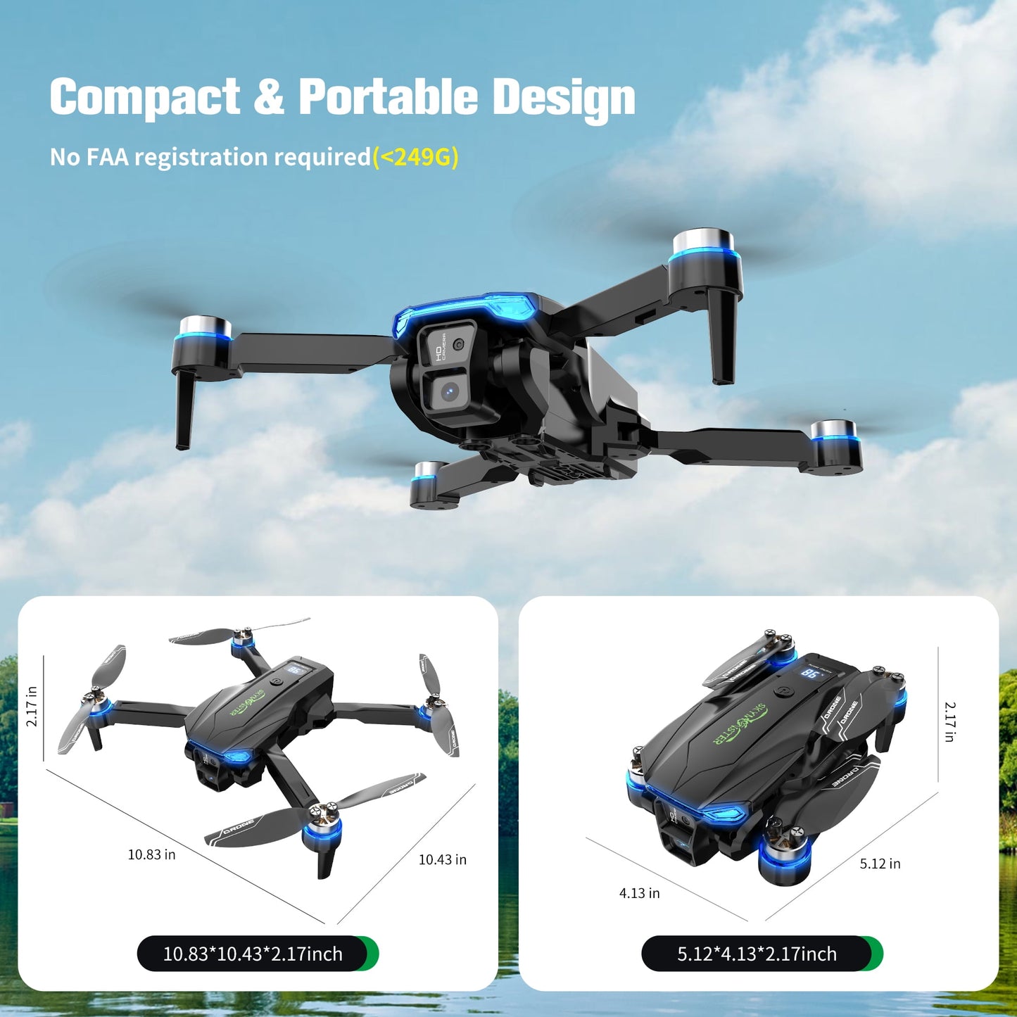 RC Drone ,1080P High-Definition Camera, Brushless Motor, Optical Flow Positioning, Low-Power/Remote Alarm, Real-Time Battery Display, for Childers and Adukts toys,3 Battery,Black