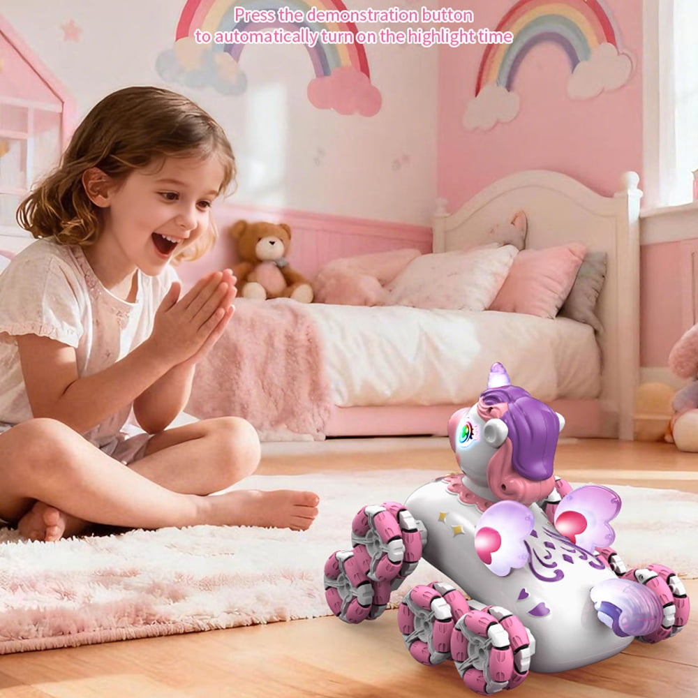 RC Cars Unicorn Remote Control Car for Girls,Rechargeable 360°Stunt RC Cars Rotation 4WD Remote Cars with LED Lights and Music,Fun Indoor Outdoor Toys for Kids,Chritmas Birthday Gift
