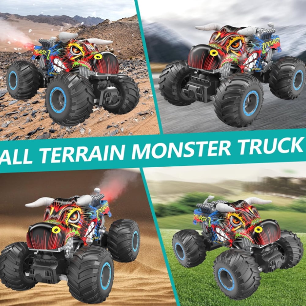 1:16 Remote Control Monster Truck, 2.4GHz All Terrain Off-Road Remote Control Cars,RC Car with Spray Music and Light for Kids Girl Boys 4-7 8-12 Kids,2 Batteries
