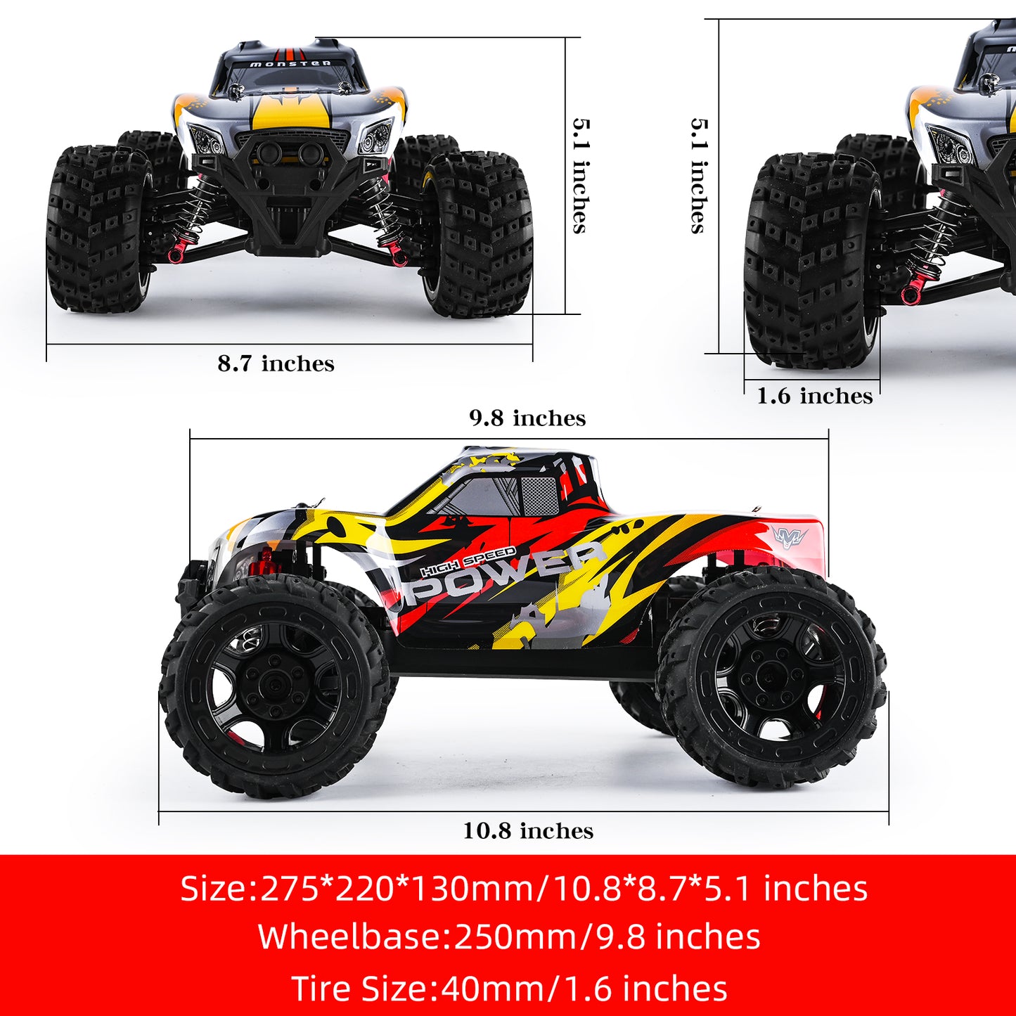 1610 High-Speed 4WD Monster RC Truck, USB Rechargeable Weather-Resistant Off-Road & All-Terrains Ready to Run, Red