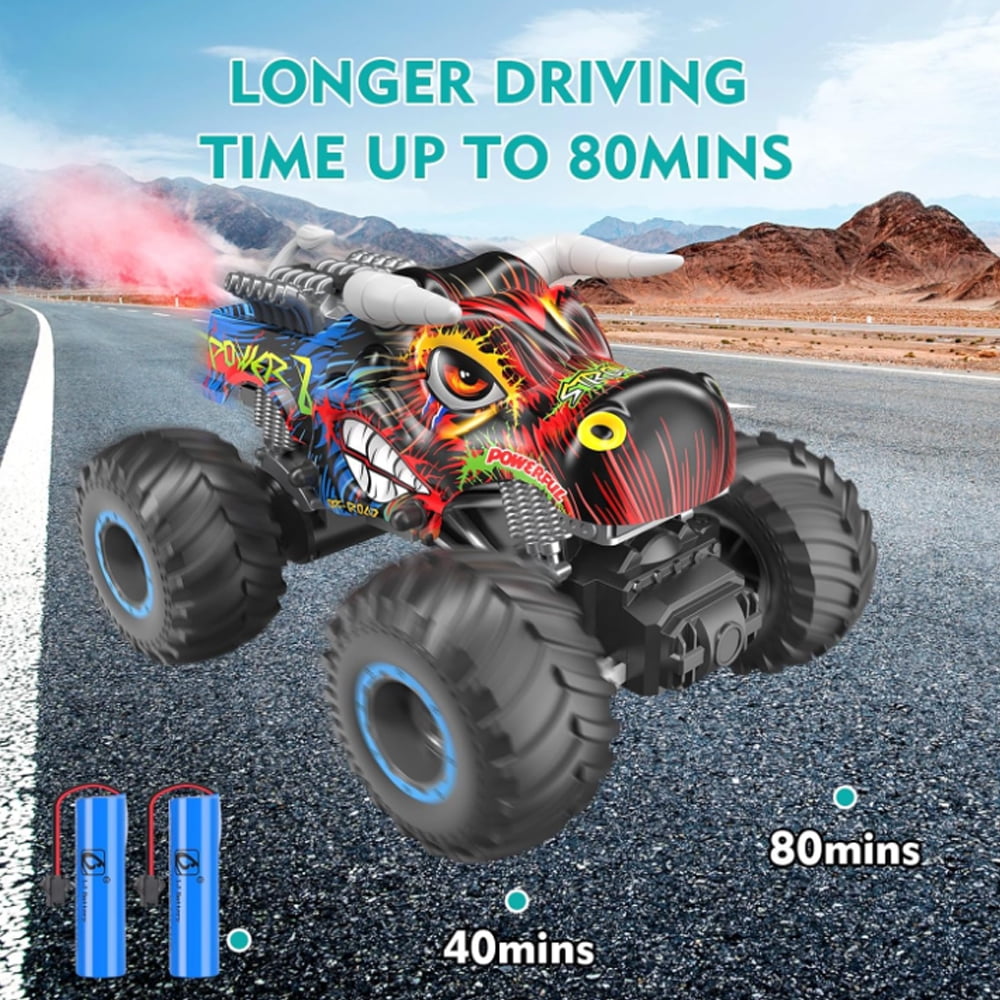 1:16 Remote Control Monster Truck, 2.4GHz All Terrain Off-Road Remote Control Cars,RC Car with Spray Music and Light for Kids Girl Boys 4-7 8-12 Kids,2 Batteries