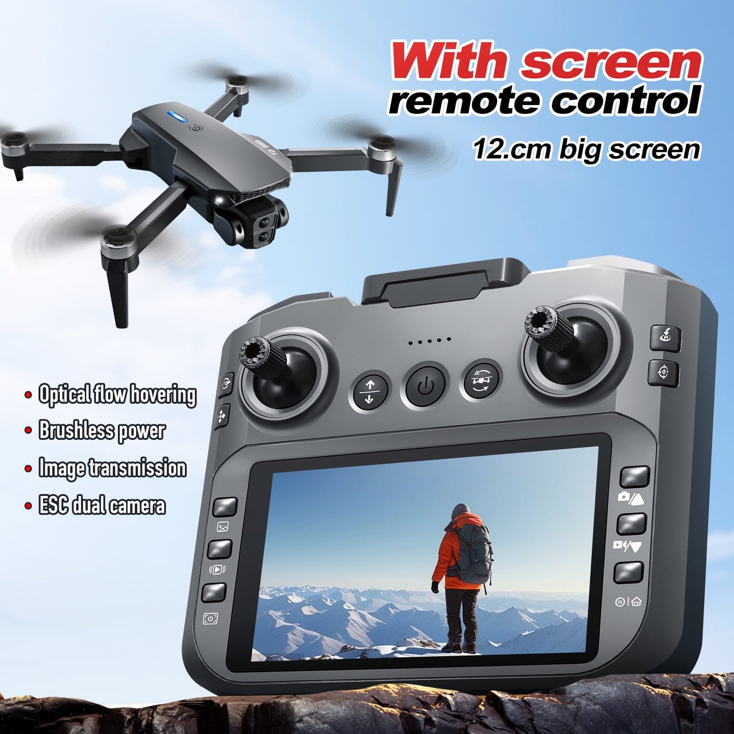 Brushless Motor RC Drones, Remote Control Screen, Optical Flow Positioning, HD Dual Cameras, 6-Ch Gyroscope, Foldable Drone Toy ,Toys Gifts,3 Battery,Black
