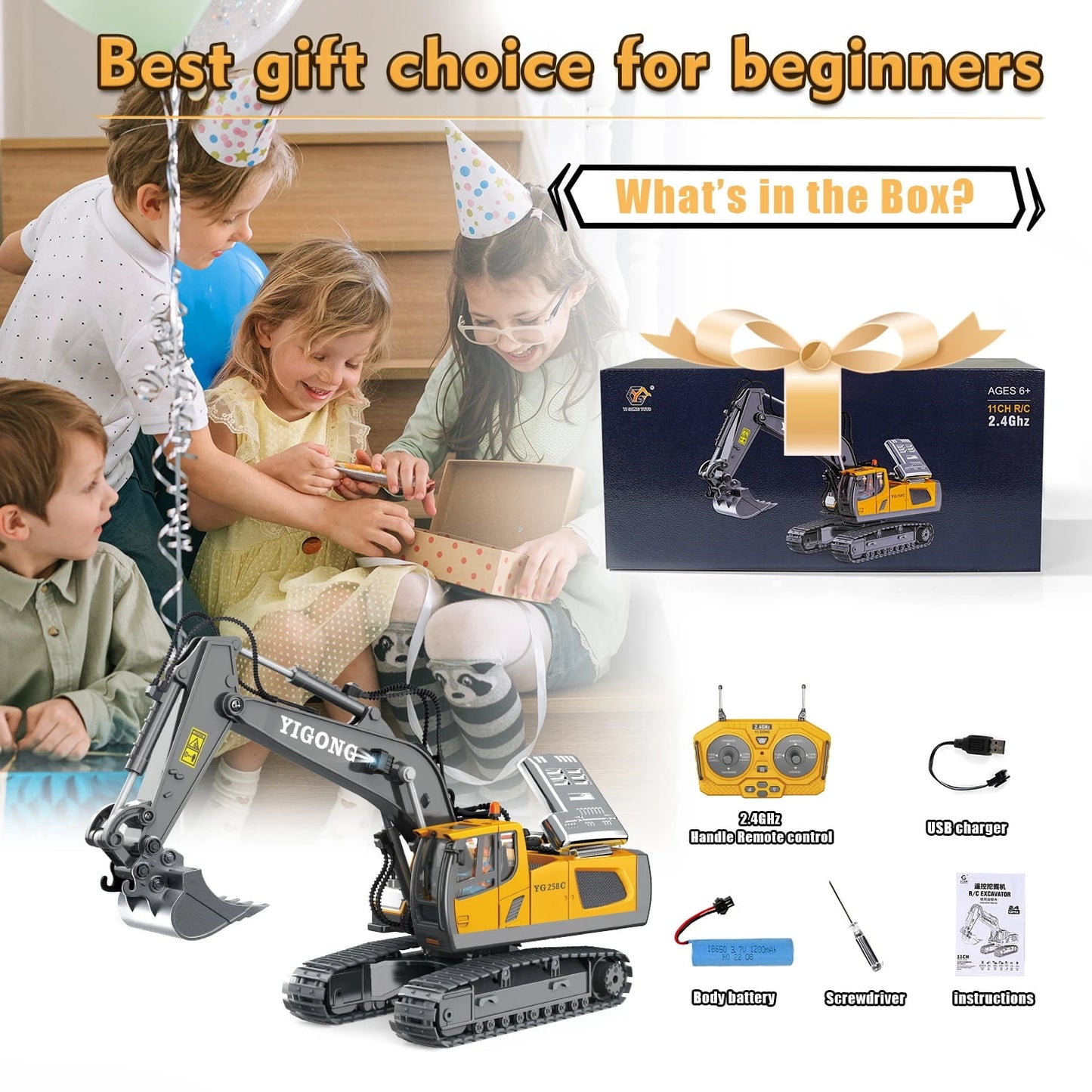 TZDZRC  Remote Control Excavator, 11 Channel RC Construction Vehicle Toys, Rechargeable RC Engineering Car Gifts for Kids