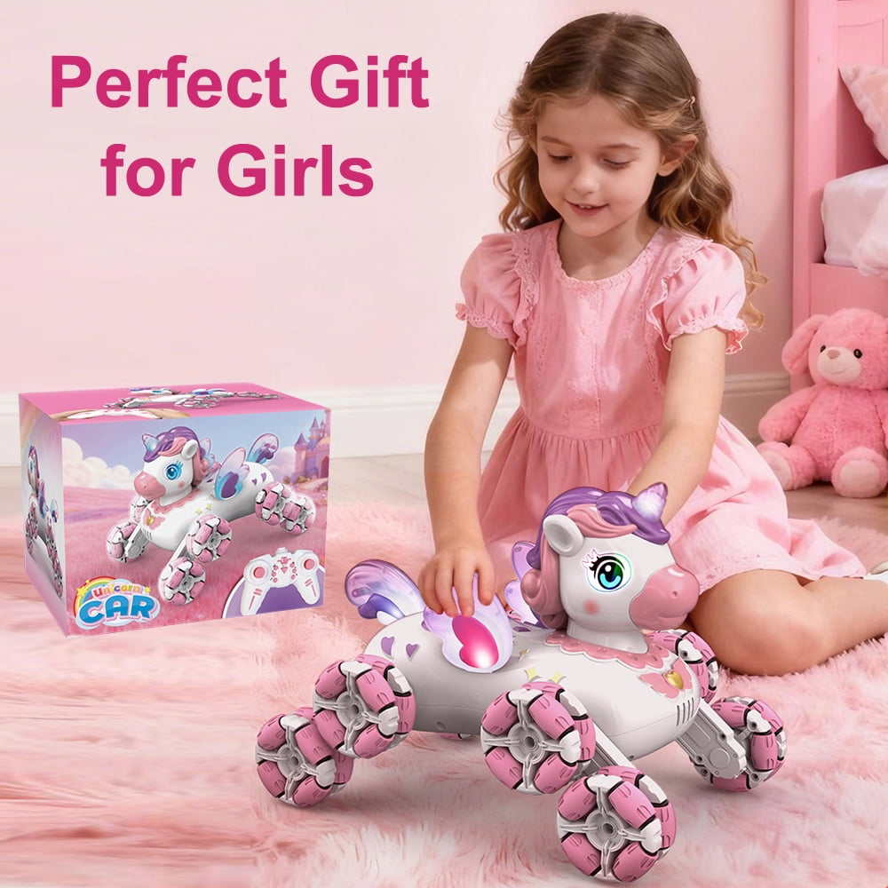 RC Cars Unicorn Remote Control Car for Girls,Rechargeable 360°Stunt RC Cars Rotation 4WD Remote Cars with LED Lights and Music,Fun Indoor Outdoor Toys for Kids,Chritmas Birthday Gift