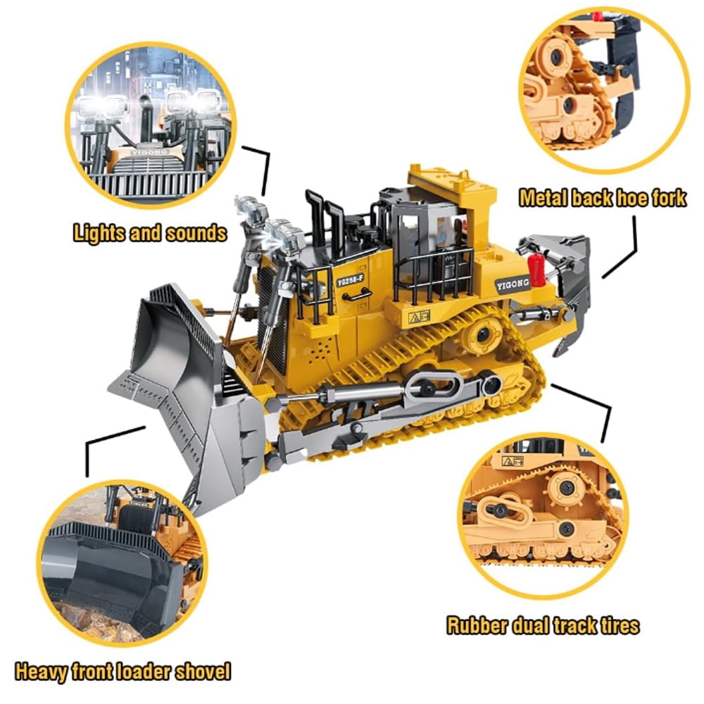 9-Channel Metal RC Bulldozer,Construction Remote Control Play Toys with Lights and Sound, Track Type Tractor Toy for  Boys, Kids Birthday Gift