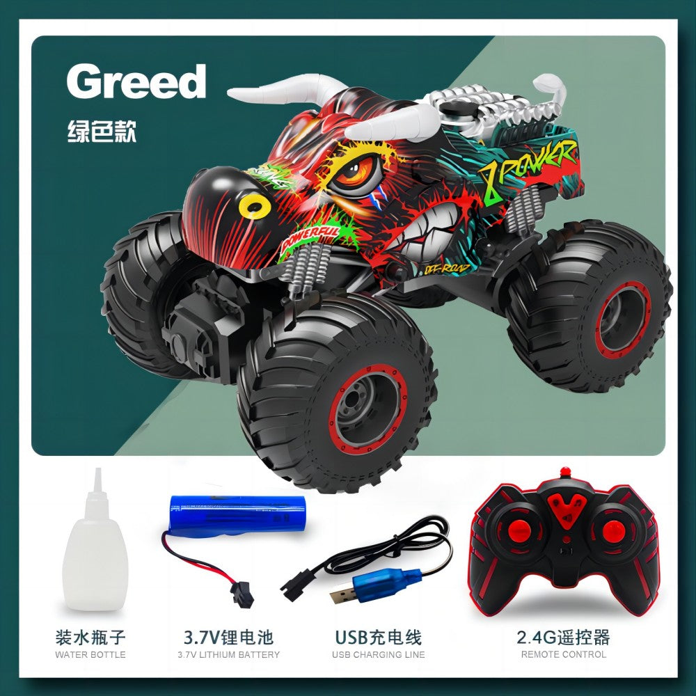 Triceratops Spray Remote Control Vehicle, 2.4GHz All Terrain Monster Cars, 1:16 Monster Truck RC Trucks, Monster Car with Spray Music and Light for Kids, Green
